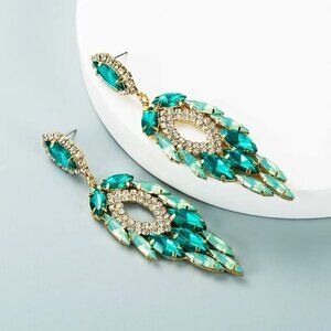 Rhinestone Pendant Earrings turquoise 3.5in Stunning Drop Alloy